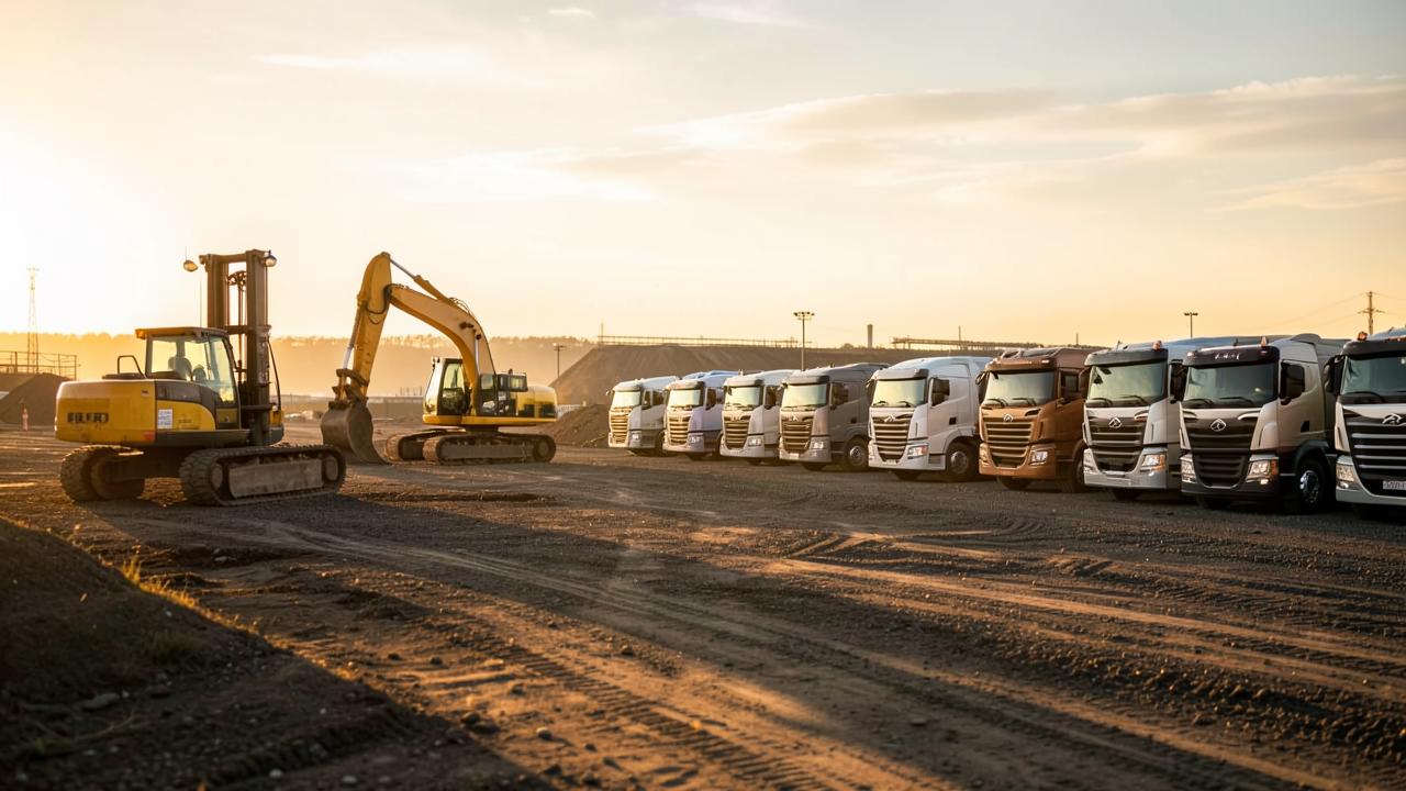 Forklift, excavator and a fleet of trucks on a construction site
