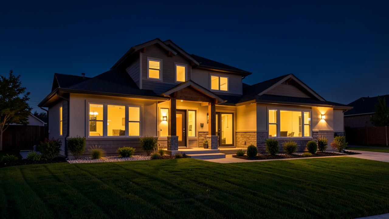 Modern American family home lit at dusk representing mortgage financing