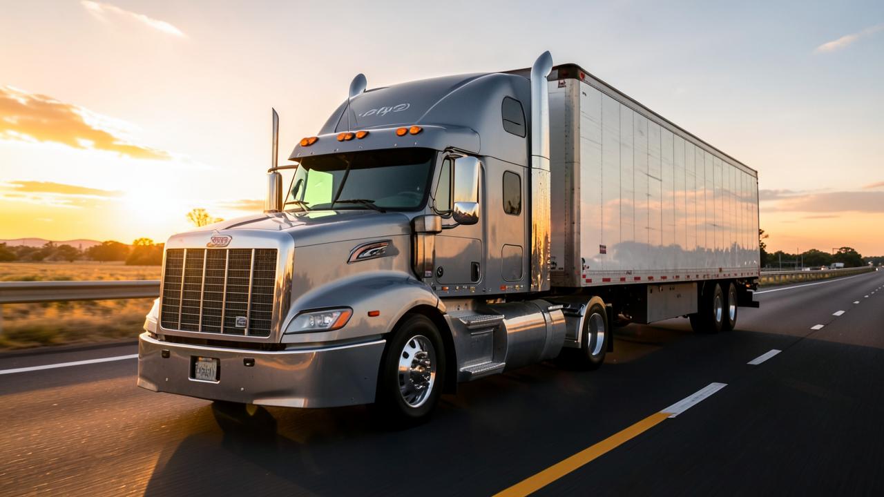 Semi truck rig hauling a box trailer on a highway at sunrise